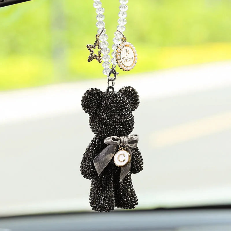 Artificial crystal rhinestone Violent Bear car rearview mirror pendant in black mixed pastel and white measuring 5x9CM