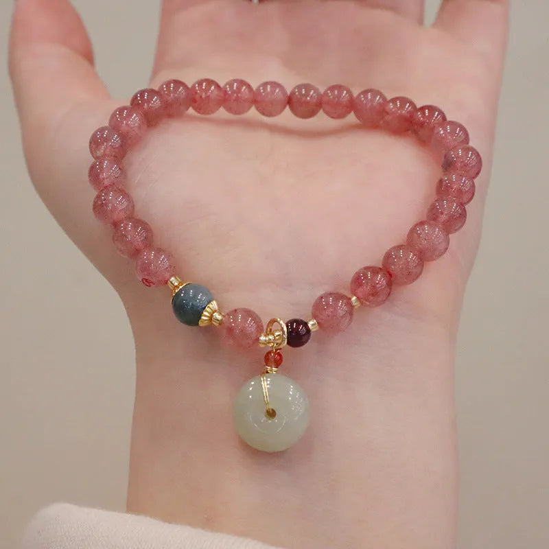 Pink strawberry quartz purse bracelet with geometric stones and safety buckle clasp