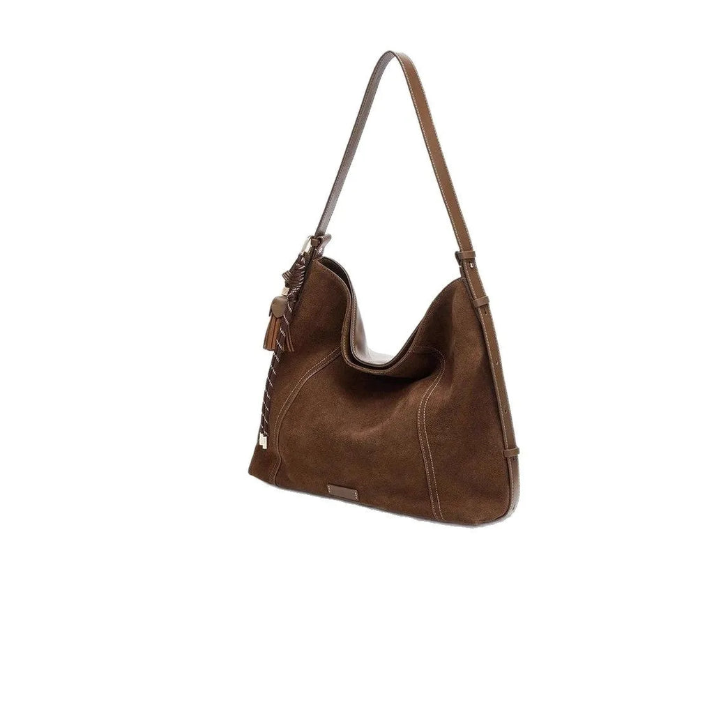 Large capacity deerskin velvet tote bag in Maillard coffee with sewing line details and crossbody strap
