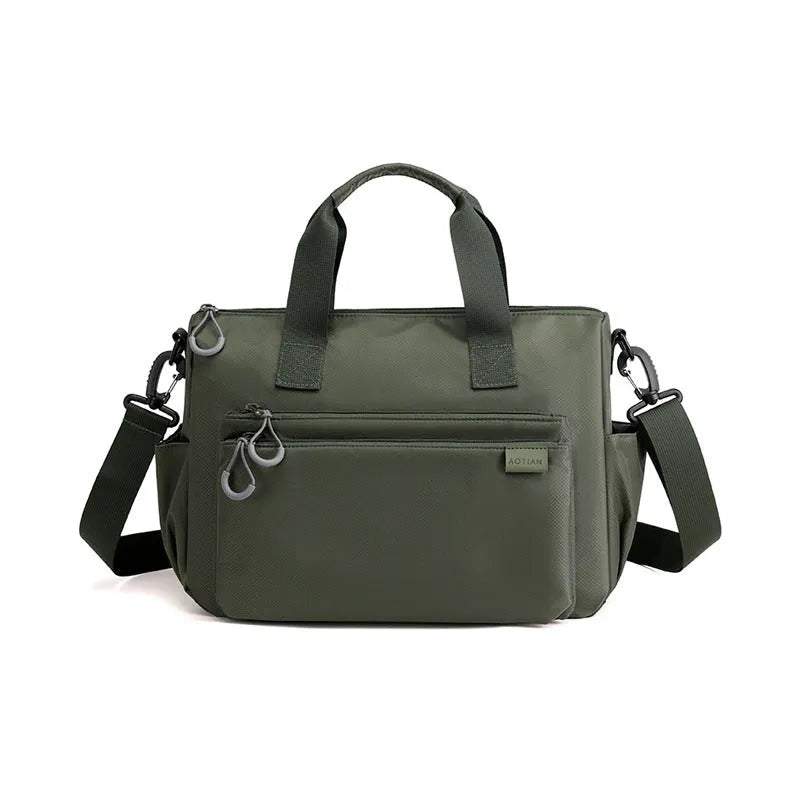 Men's Oxford cloth single shoulder travel bag, horizontal square zip satchel, shown in black, blue, green, or grey, sizes S and M.