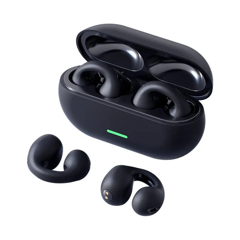 Wireless ear clip Bluetooth headset in black with breathing light, comfortable not in-ear design for sports