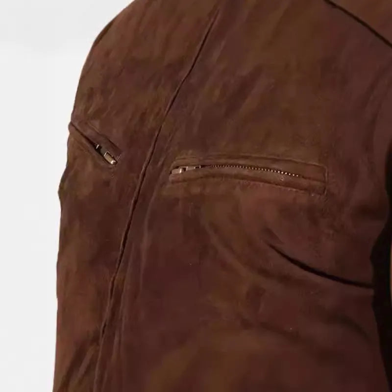 Vintage zipper suede jacket for mature men in brown, long sleeves, straight hem, size stick pockets