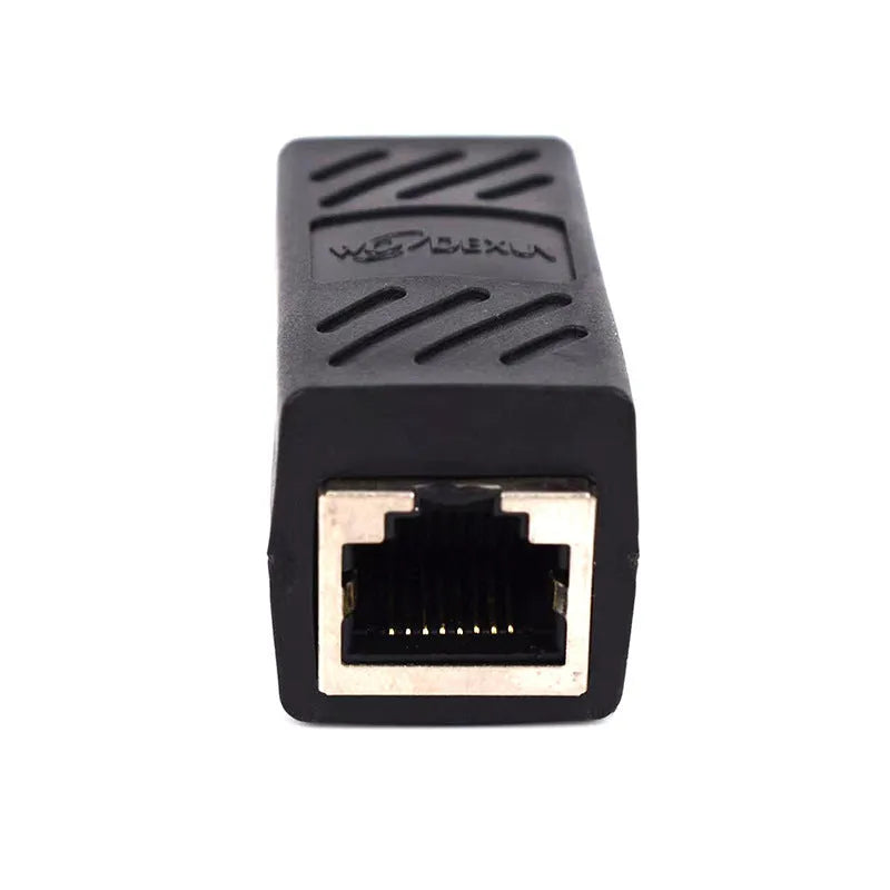 Black RJ45 network cable extender adapter with rotary union for joining two Ethernet cables.