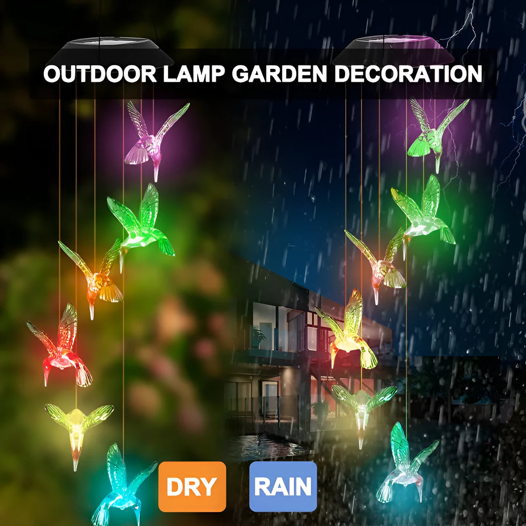 Solar-powered outdoor wind chime lamp with LED lights in hummingbird and butterfly designs for garden decoration.
