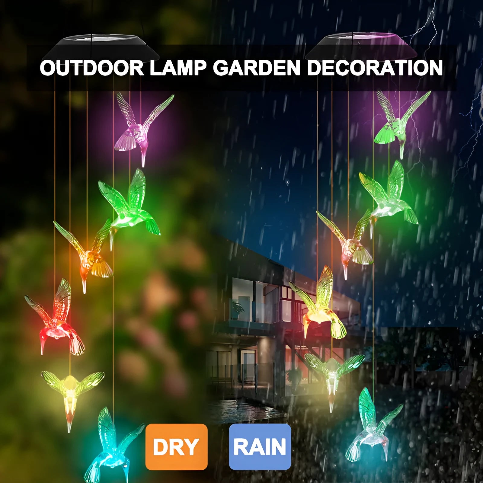 Solar-powered outdoor wind chime lamp with LED lights in hummingbird and butterfly designs for garden decoration.