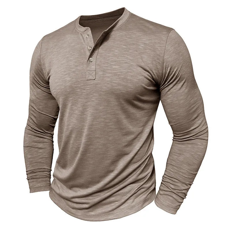 Men's long-sleeved henry collar T-shirt in slub cotton, regular fit, available in multiple colours, shown in army green