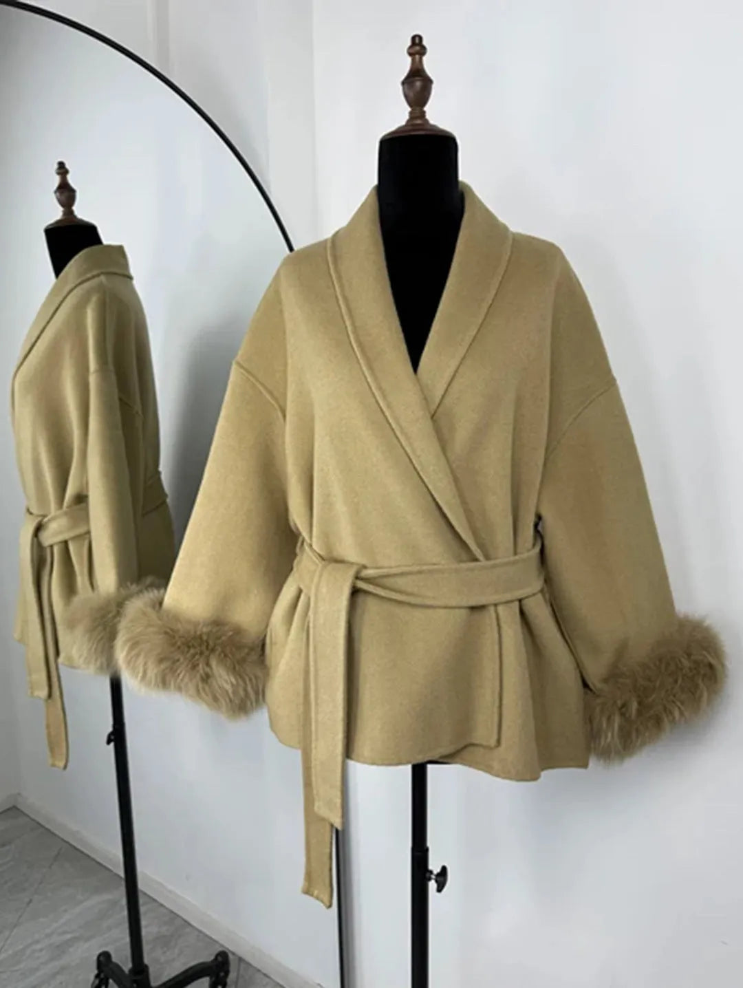 Fur V-neck Lace-up French Woolen Coat in light gray, polyester, medium thickness, front view