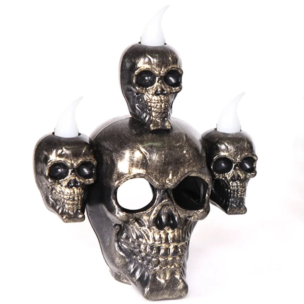 Halloween skull ornament with LED light, plastic construction, gold finish, 14x12x9cm