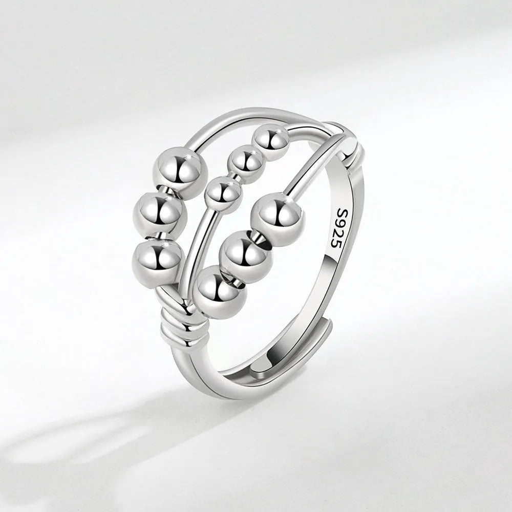 Open adjustable copper ring with three-layer beaded texture and white gold electroplated finish for women