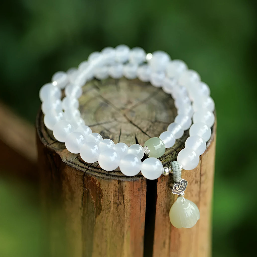S925 silver bracelet with white agate and Hetian jade beads in geometric lotus design