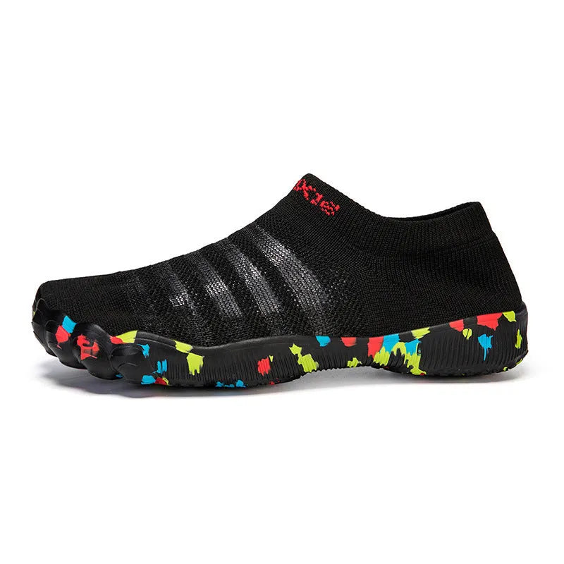 Men's camouflage pattern water shoes with Flyknit upper and rubber sole on a white background.