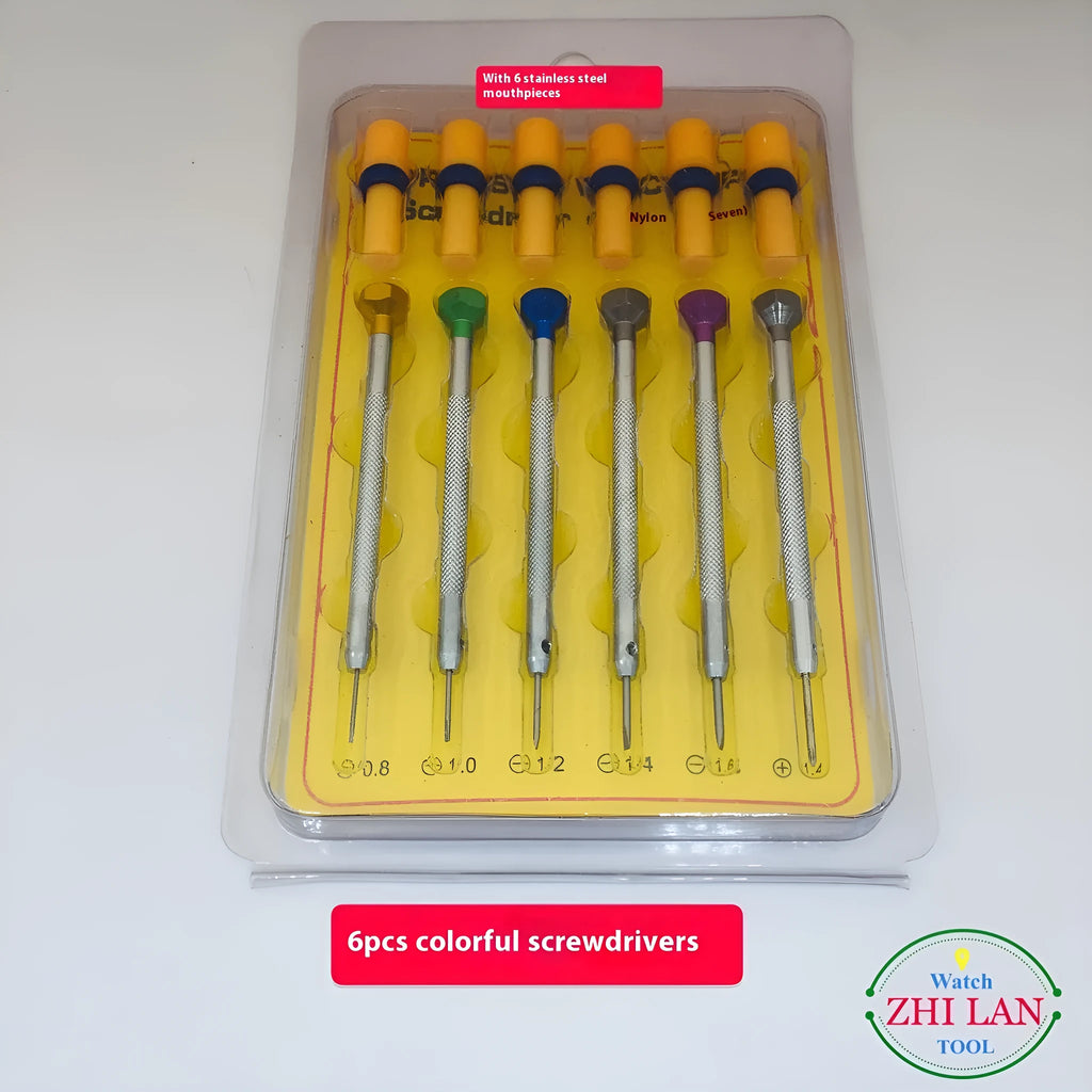 6-piece watch screwdriver set with coloured aluminium handles and spring steel cutter heads for watch repair