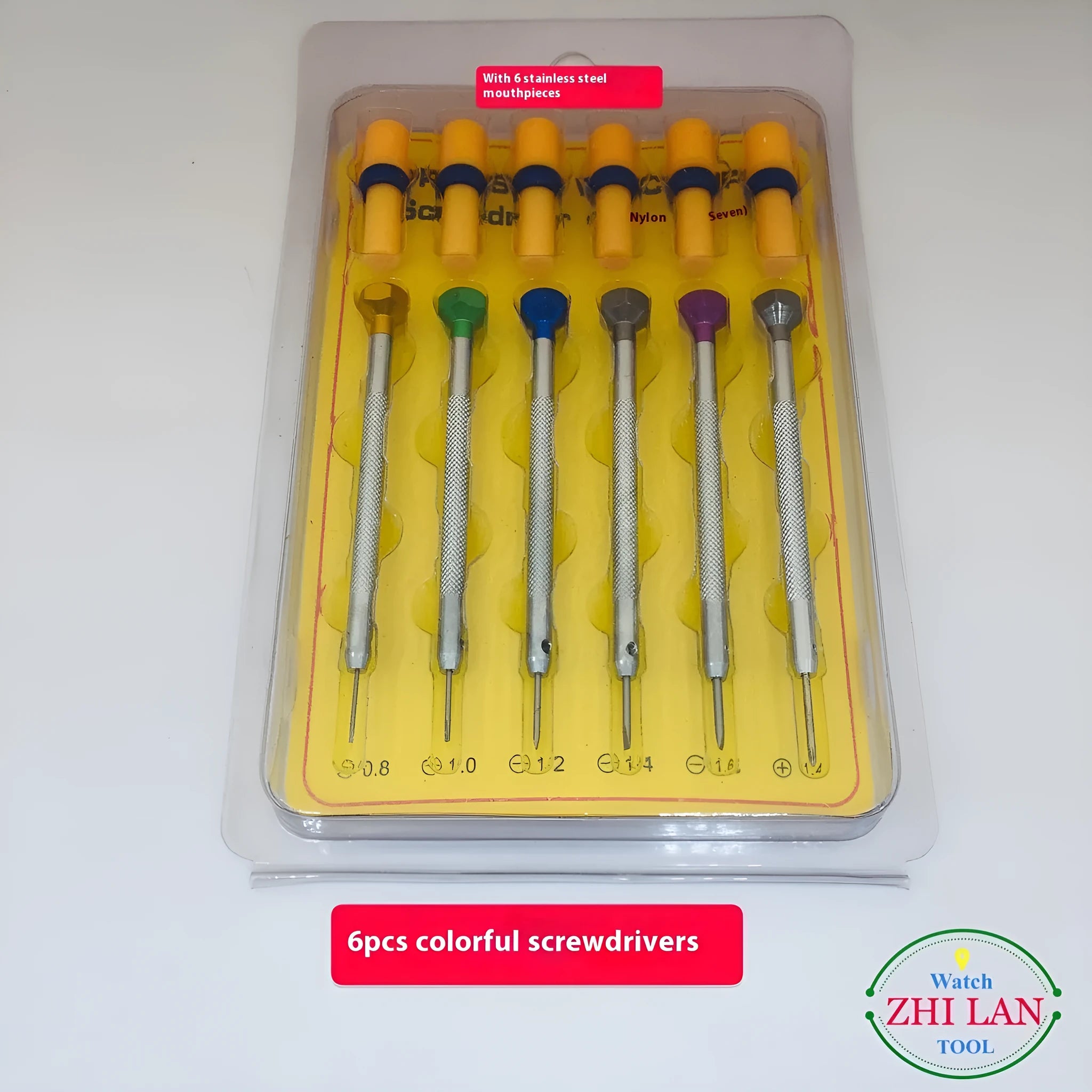 6-piece watch screwdriver set with coloured aluminium handles and spring steel cutter heads for watch repair