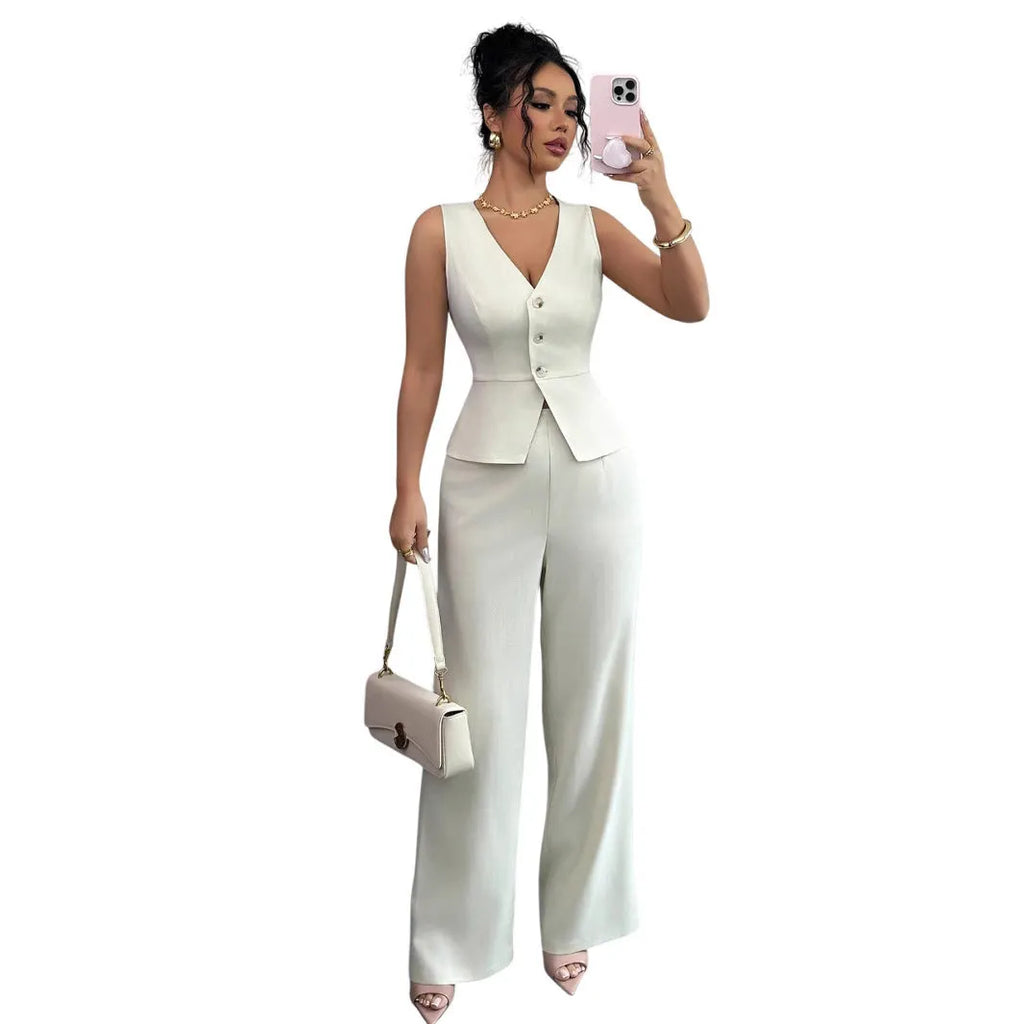 Women's sleeveless vest and high-waist trousers two-piece set in solid colour polyester fabric
