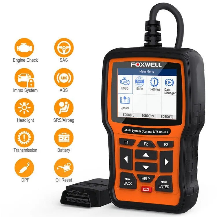 Orange and black Foxwell NT510 automotive diagnostic tool with display screen and data cable