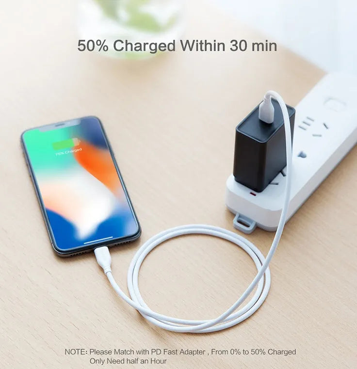 White USB-C to Lightning charging and data cable for iPhone, 1.5 metres long.