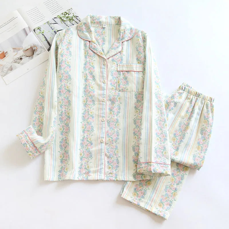 Women's cotton gauze two-piece homewear set with long sleeves and trousers in a striped pattern.
