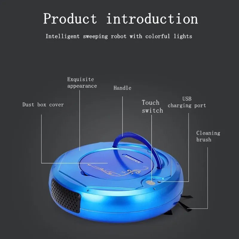 Lazy Smart floor sweeping robot vacuum cleaner in black, blue, or white on a hard floor.