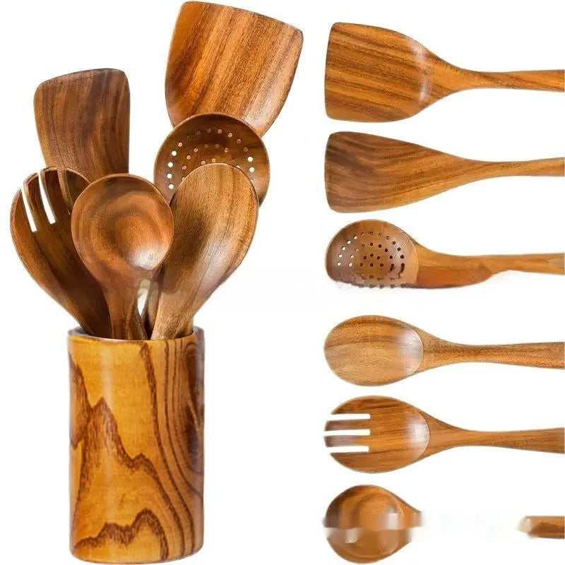7-piece wooden kitchen utensil set with spoons and spatulas in natural wood material