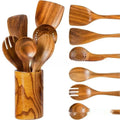 7-piece wooden kitchen utensil set with spoons and spatulas in natural wood material