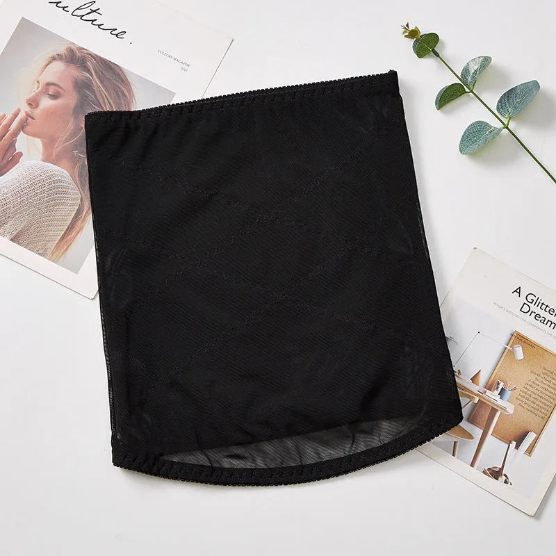 Mesh belly band waist shaping strap in black and skin colour options on size chart