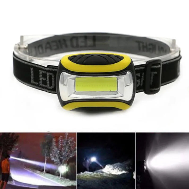 Yellow three-speed COB LED headlamp with adjustable head strap on a black background.