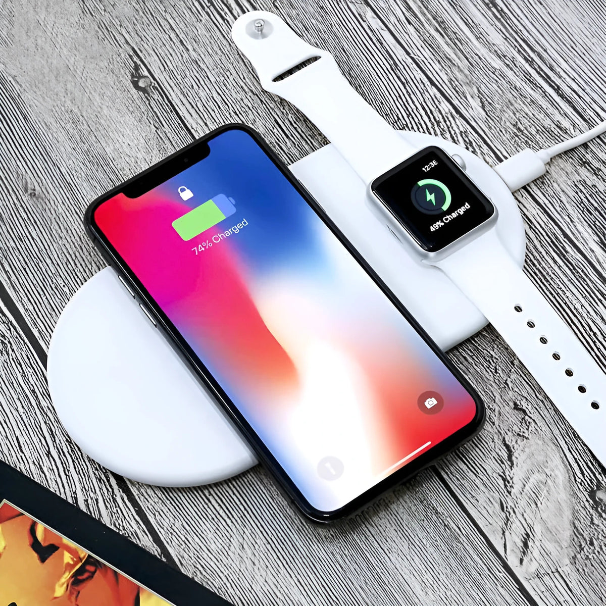 2 in 1 QI wireless charging dock for iPhone, Apple Watch and Android, 174mm x 88mm x 9.5mm, black or white