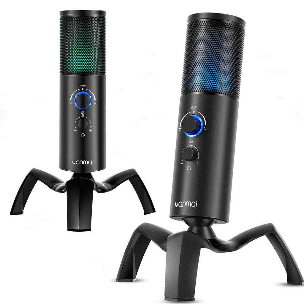 Black Q18 USB condenser microphone with RGB lights on a adjustable metal tripod