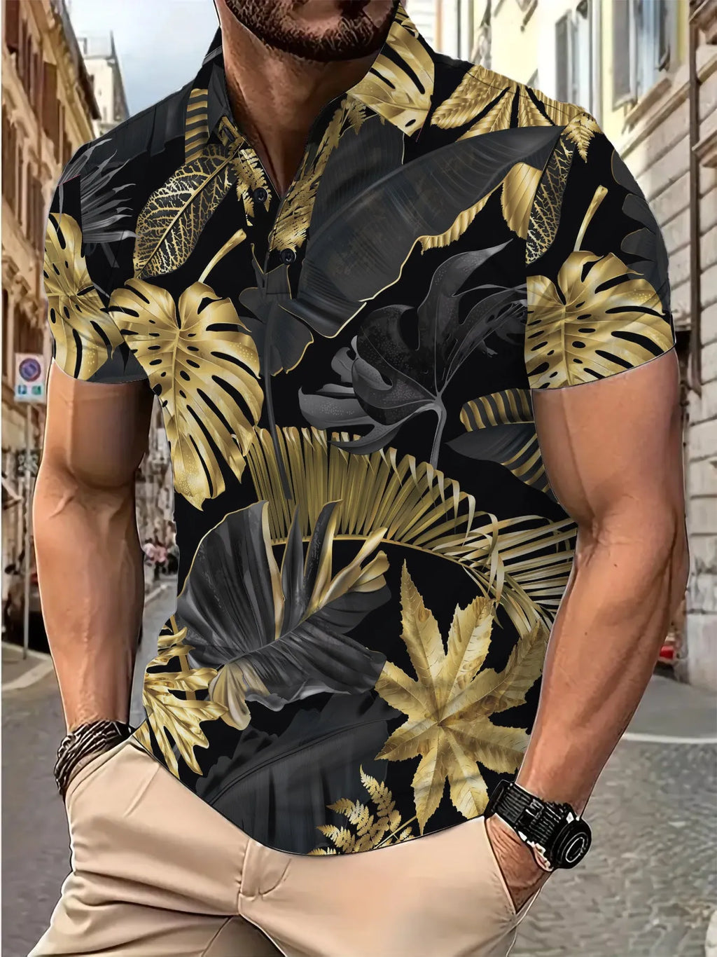 Men's gold colour shirt with tropical plant pattern print and short sleeves