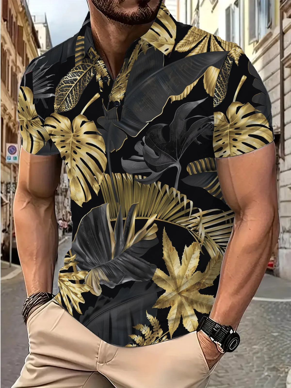 Men's gold colour shirt with tropical plant pattern print and short sleeves