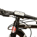 Black bicycle headlight with 350 lumen LED and removable 18650 battery mounted on handlebars