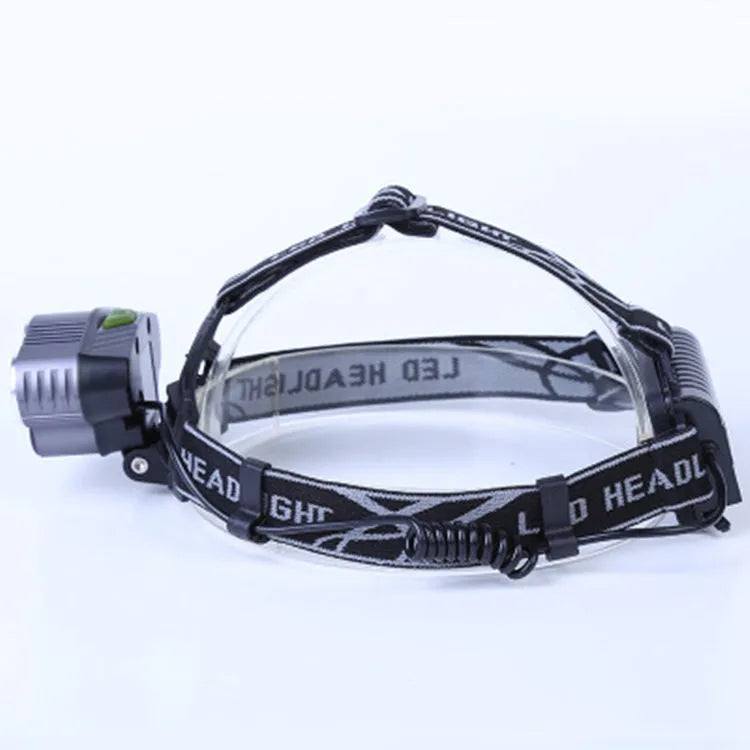 Head-mounted camping light with fixed focus beam, waterproof construction, battery power and LED light source