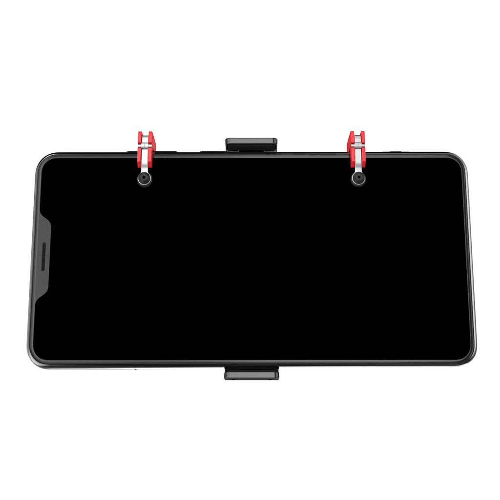 Black mobile phone gaming trigger bracket with an adjustable metal trigger and telescopic side clip.