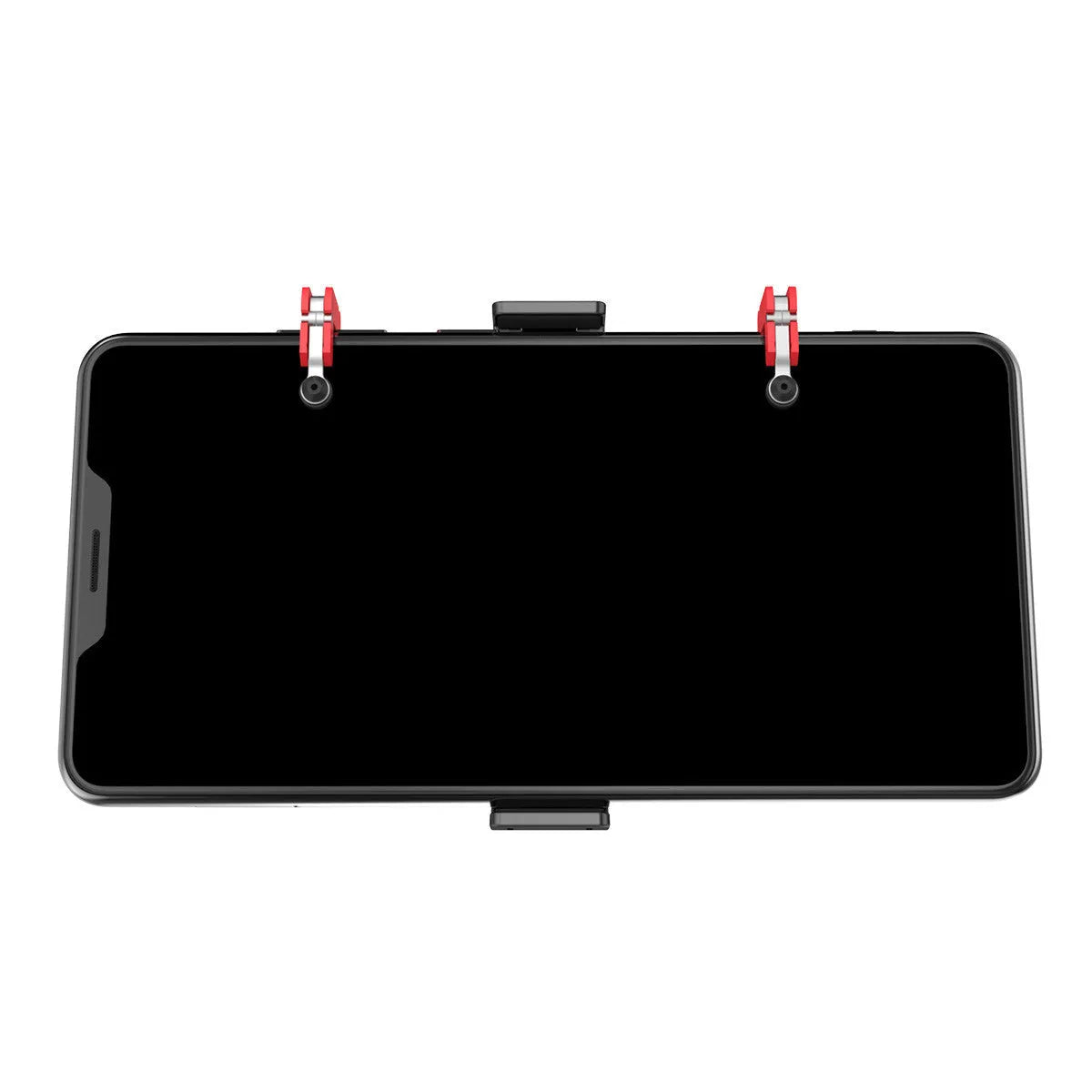 Black mobile phone gaming trigger bracket with an adjustable metal trigger and telescopic side clip.