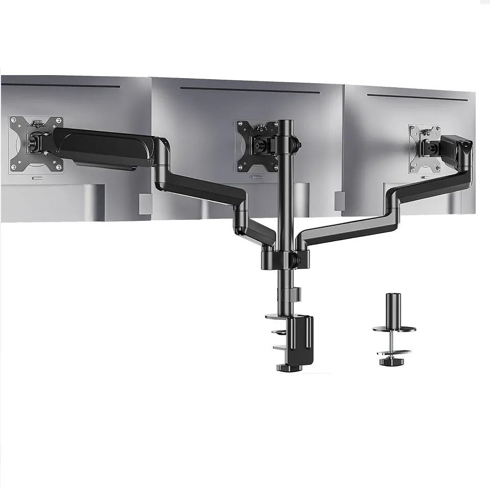 Black three-arm gas spring monitor mounting bracket for 13-27 inch computer screens.