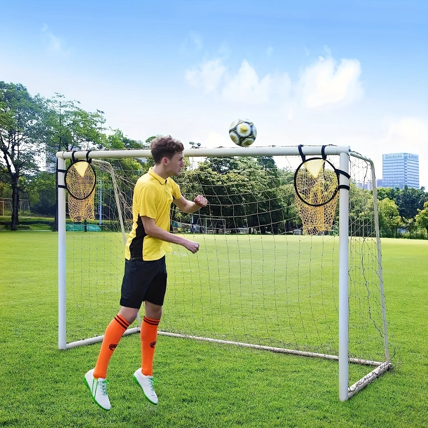 Portable soccer training goal net with aluminium alloy frame in black colour