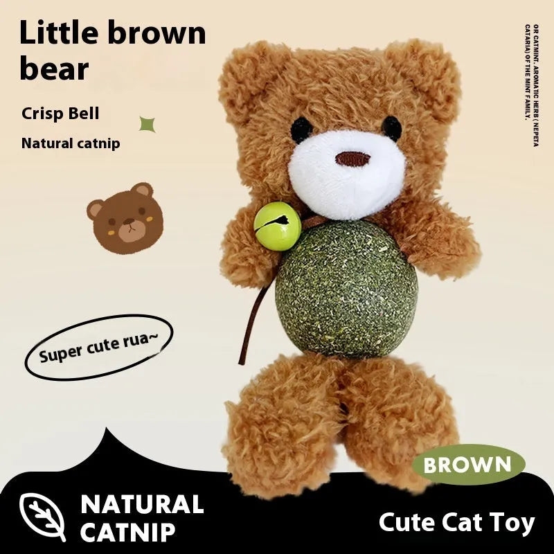 Brown Bear plush cat toy with a catnip ball and bell, measuring 15cm tall.