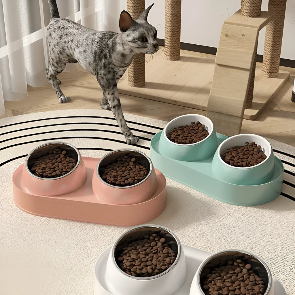 White elevated pet feeder with two tilted bowls on a stable plastic base, for cats and small dogs.