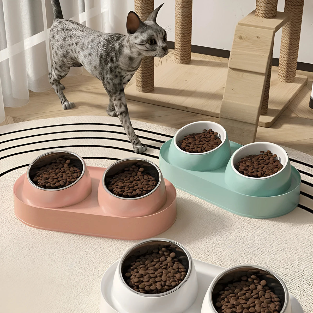 White elevated pet feeder with two tilted bowls on a stable plastic base, for cats and small dogs.