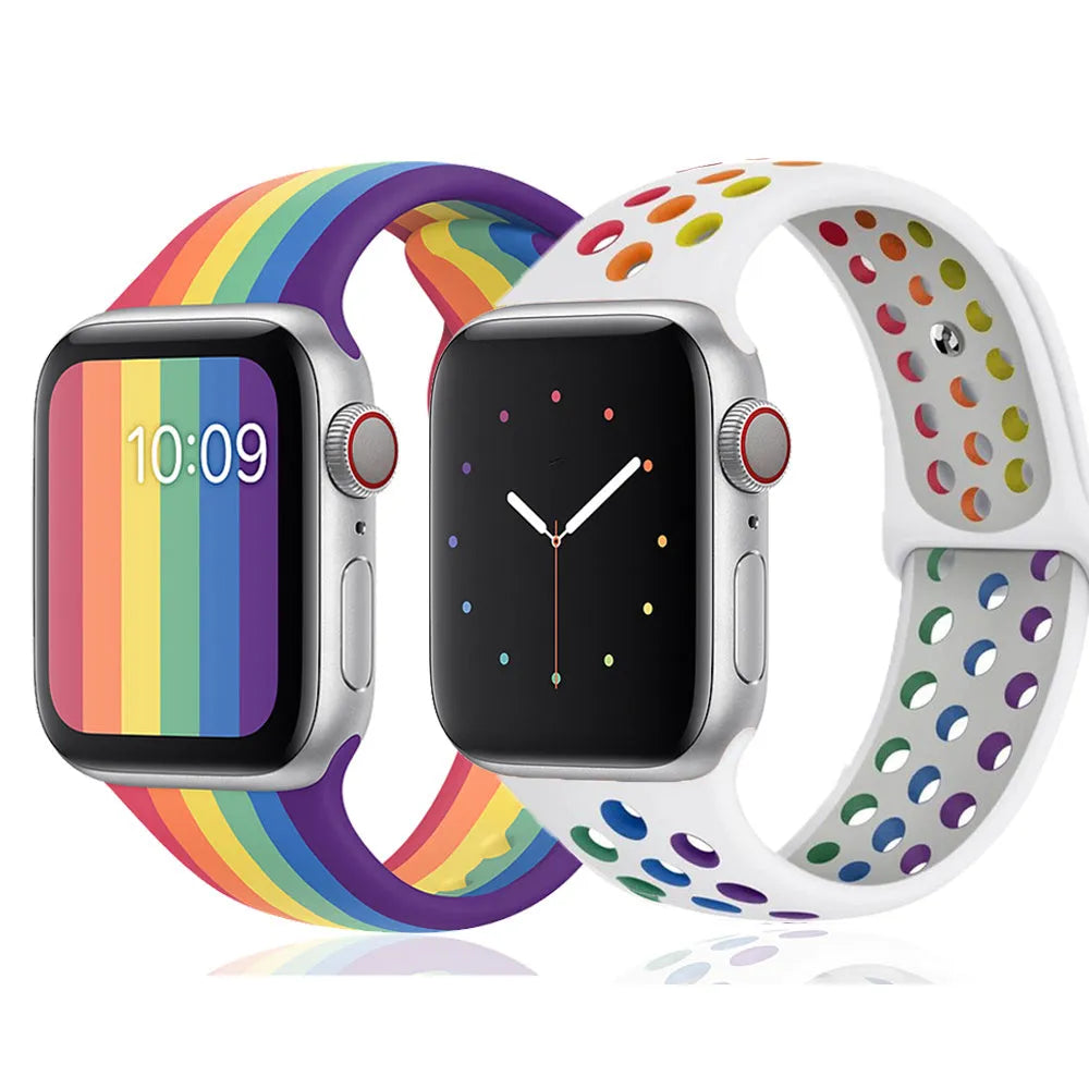 Silicone sports wristband with an adjustable buckle clasp in black, rainbow, or white.