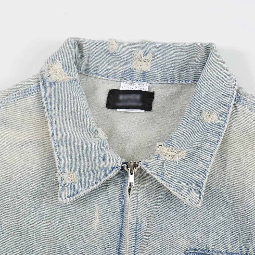 Punk worn out denim jacket in light blue for men, loose fit with long sleeves and straight hem