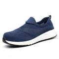 Men's lightweight mesh safety work shoes with steel toe cap in black, blue, and red colour options