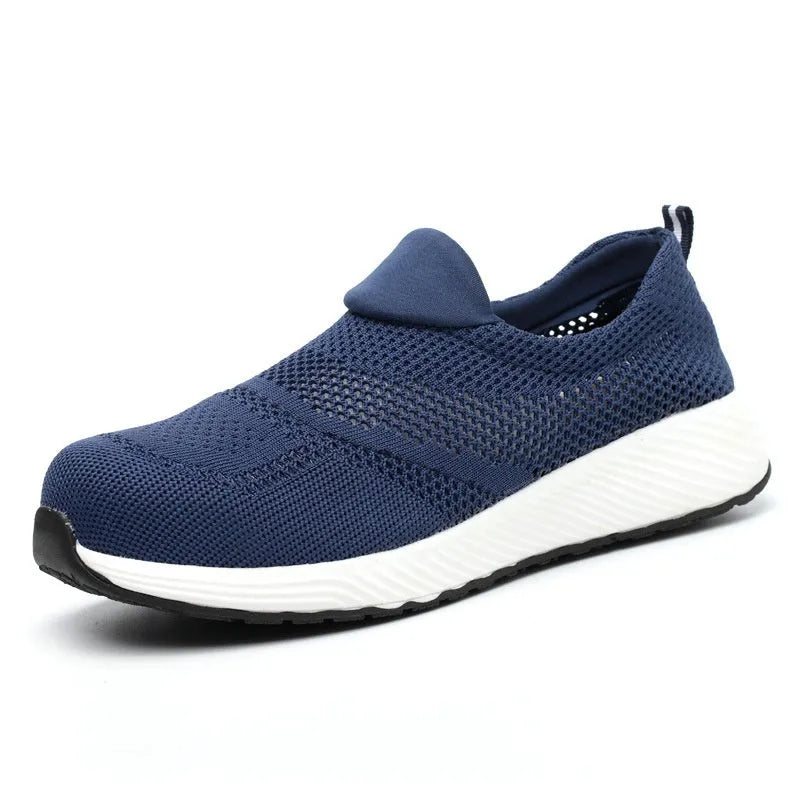Men's lightweight mesh safety work shoes with steel toe cap in black, blue, and red colour options