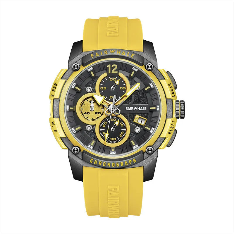 Men's quartz multifunctional watch with black dial and black tape strap, 11mm thickness, sport style