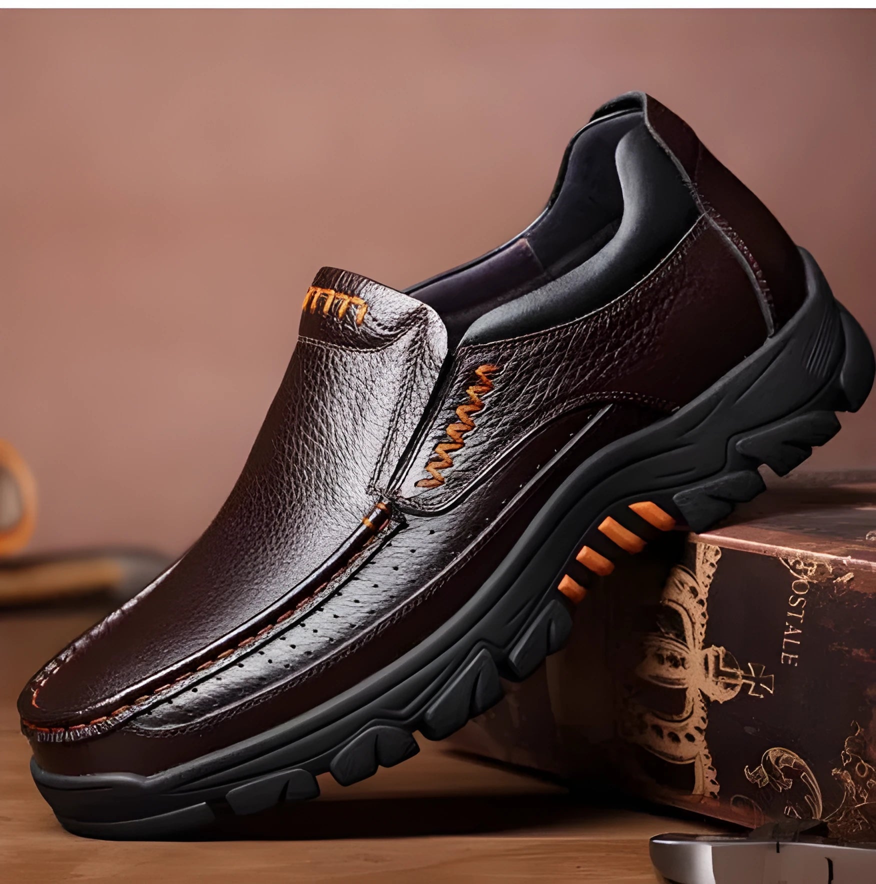 Men's black and brown cowhide leather slip-on business casual shoes with rubber soles