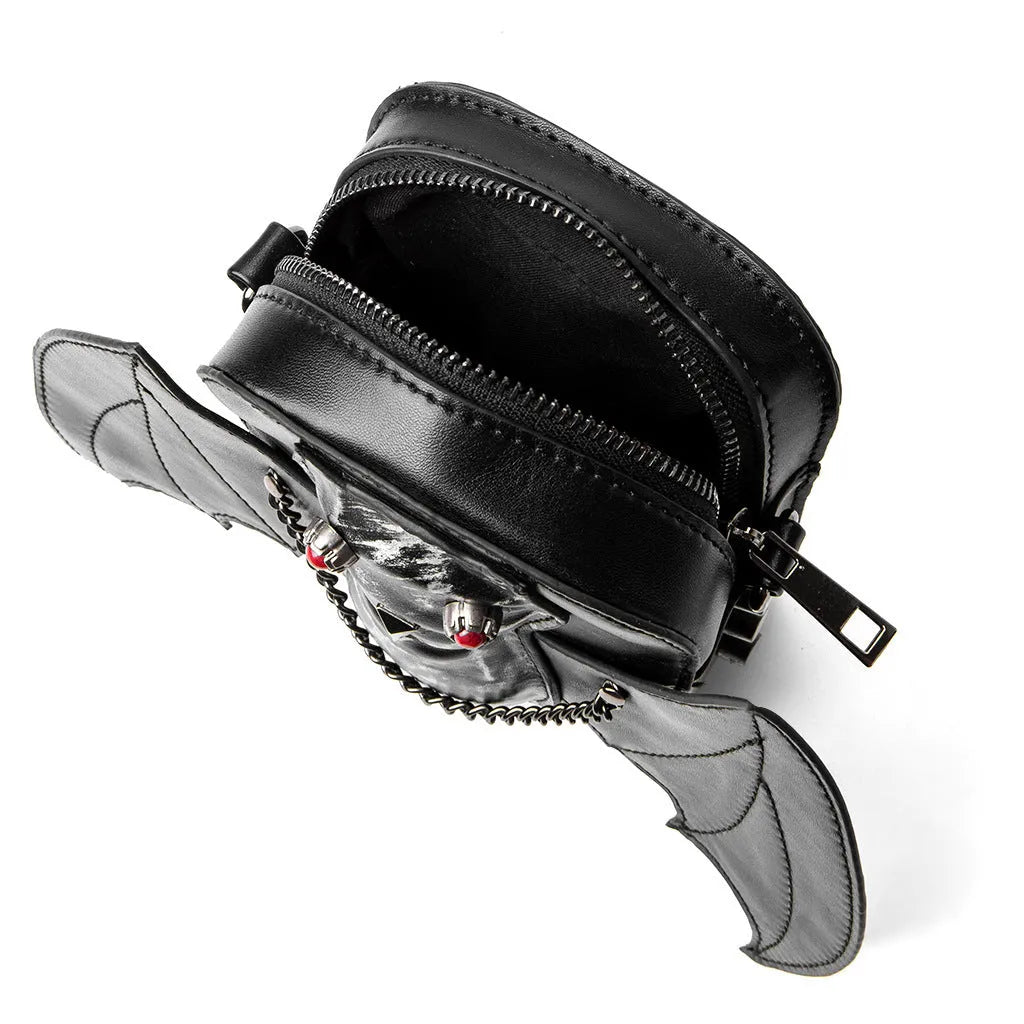 Dark style women's shoulder messenger bag with creative bat design in PU material, square vertical shape, single strap