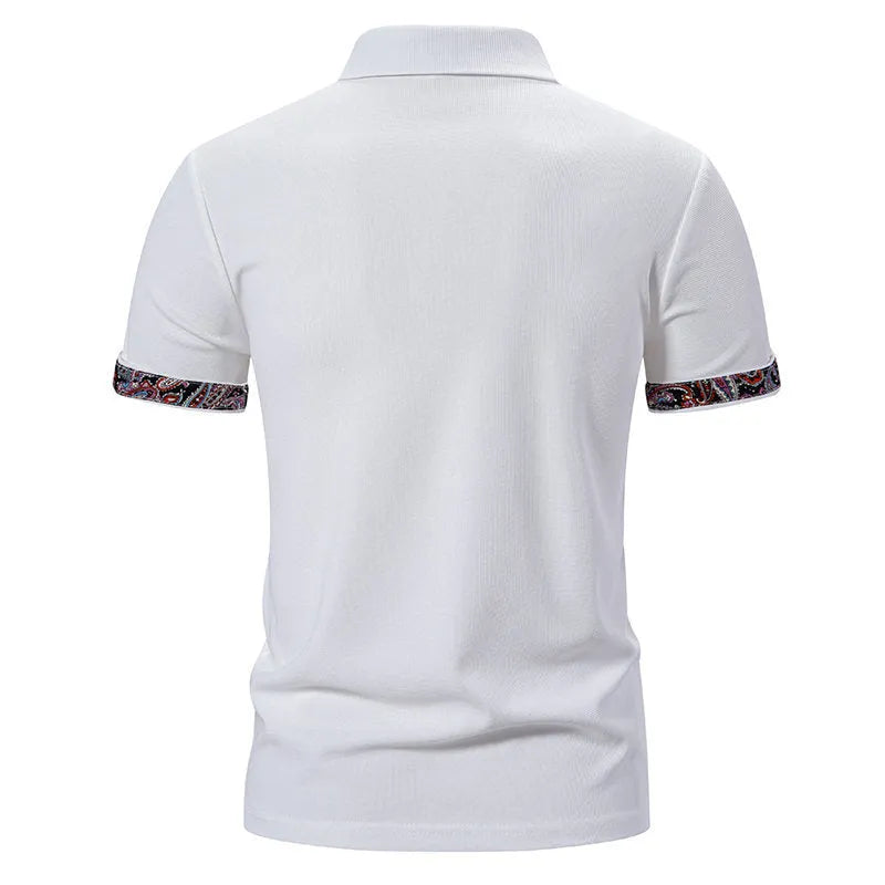Men's short sleeve polo shirt with colour contrast stitching on turnover collar in cotton blend fabric