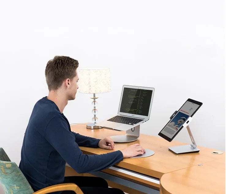 Folding aluminium phone and tablet holder with 360-degree rotating base