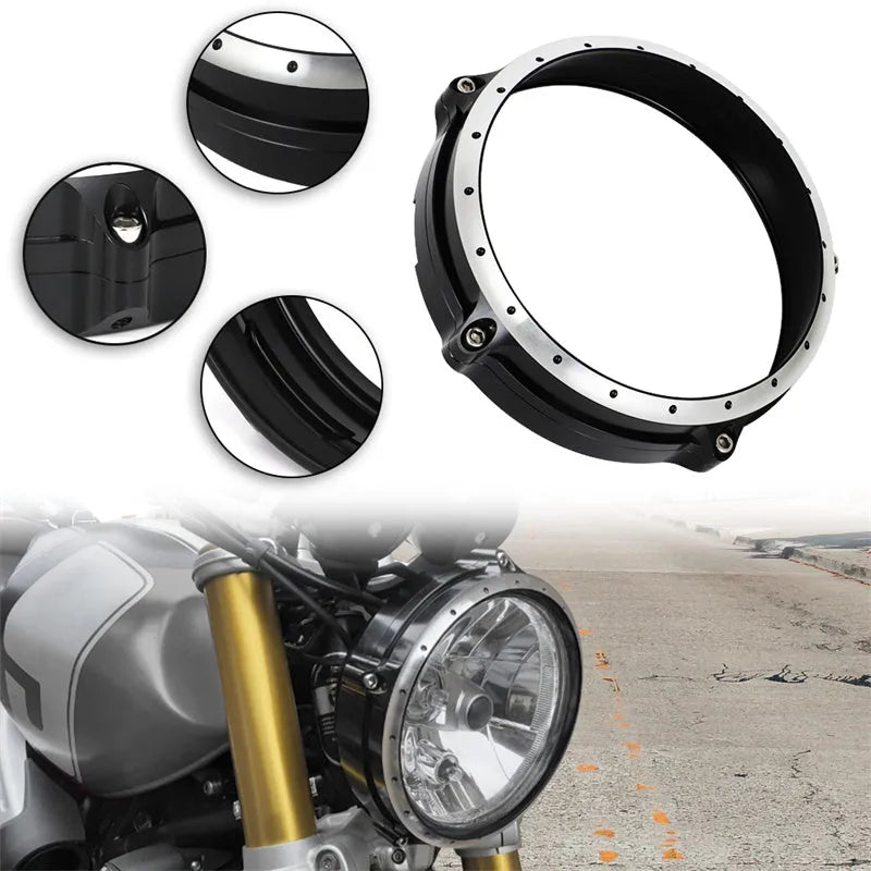 Black CNC aluminium headlight protective cover for BMW R NineT Scrambler motorcycle