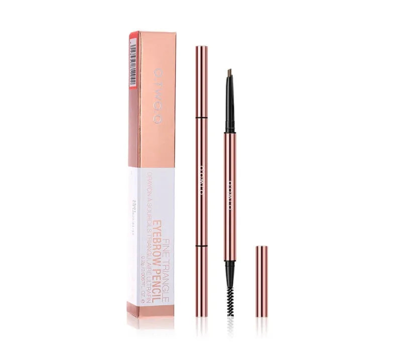 Slim square eyebrow makeup pencil in a colour box with six shade options: Auburn, Blonde, Caramel, Dark Brown, Soft Brown, Taupe.